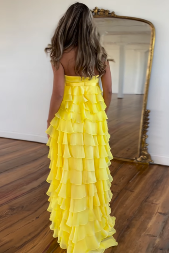 Yellow Strapless Sheath Tiered Long Formal Dress with Ruffles