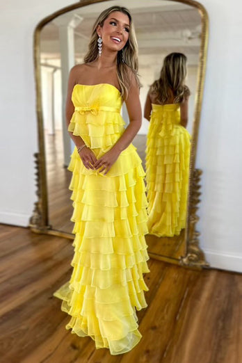 Yellow Strapless Sheath Tiered Long Formal Dress with Ruffles