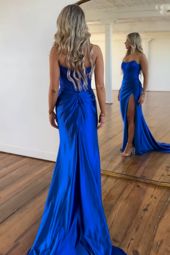 Sparkly Royal Blue Corset Mermaid Strapless Beaded Long Formal Dress with Slit