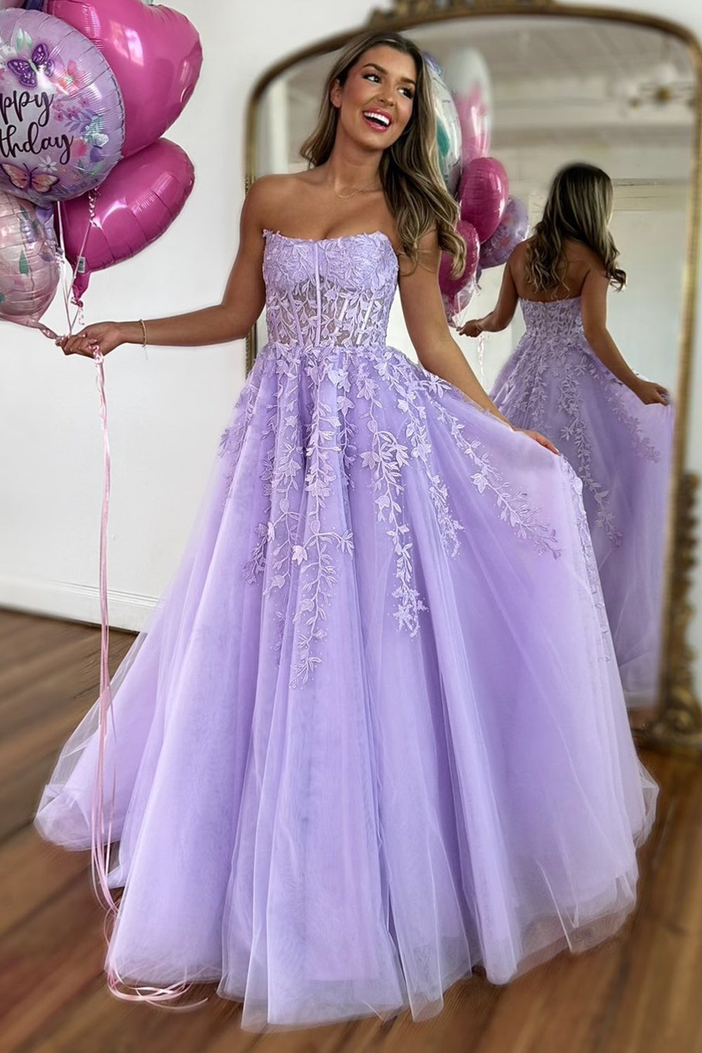 Princess Lilac Corset Strapless Long Formal Dress with Appliques