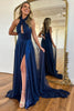 Load image into Gallery viewer, Navy Floral Streamer Halter Backless Keyhole Sleeveless Long Formal Dress with Slit