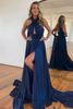 Load image into Gallery viewer, Navy Floral Streamer Halter Backless Keyhole Sleeveless Long Formal Dress with Slit