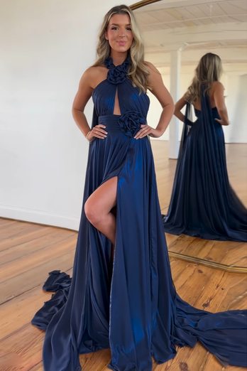 Navy Floral Streamer Halter Backless Keyhole Sleeveless Long Formal Dress with Slit