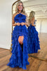 Load image into Gallery viewer, Royal Blue Corset Ruffled Halter Backless Long Formal Dress with Slit