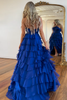 Load image into Gallery viewer, Royal Blue Corset Ruffled Halter Backless Long Formal Dress with Slit