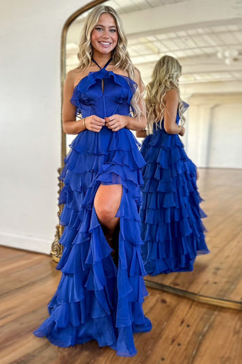 Royal Blue Corset Ruffled Halter Backless Long Formal Dress with Slit