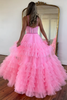 Load image into Gallery viewer, Sparkly Pink Spaghetti Straps Corset Long Formal Dress with Ruffles