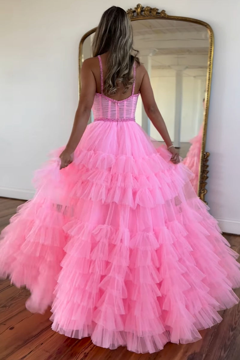 Load image into Gallery viewer, Sparkly Pink Spaghetti Straps Corset Long Formal Dress with Ruffles