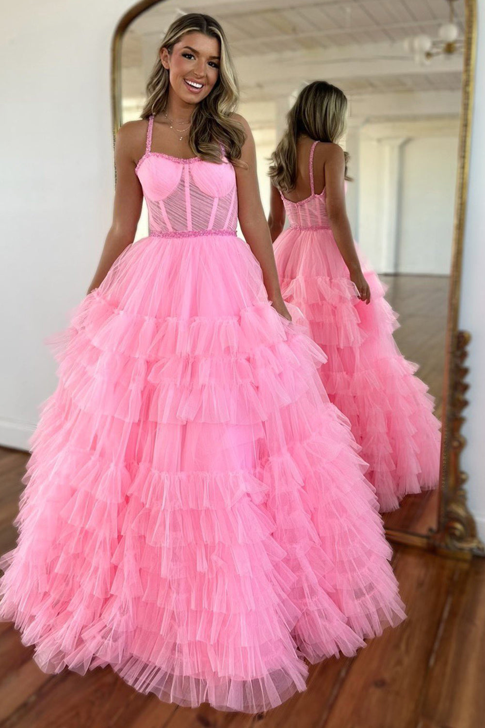 Sparkly Pink Spaghetti Straps Corset Long Formal Dress with Ruffles