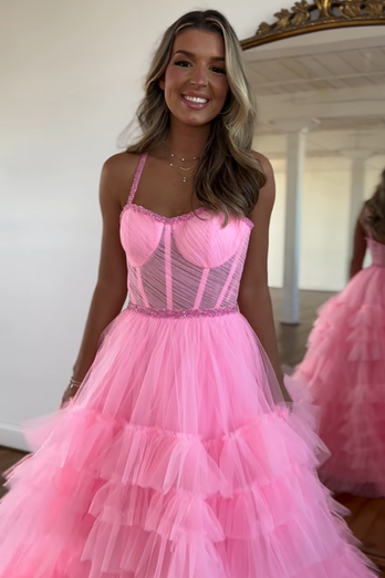 Sparkly Pink Spaghetti Straps Corset Long Formal Dress with Ruffles