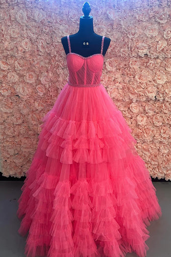 Sparkly Pink Spaghetti Straps Corset Long Formal Dress with Ruffles