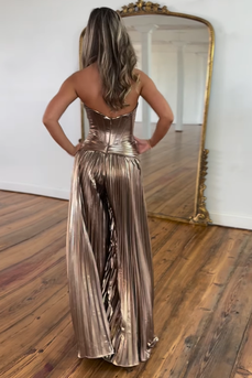 Rose Gold Metallic Corset Strapless Long Formal Jumpsuits with Pleats