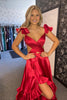 Load image into Gallery viewer, Red A-Line V-Neck Ruffled Long Formal Dress with Slit