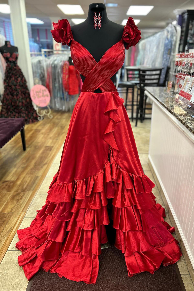 Load image into Gallery viewer, Red A-Line V-Neck Ruffled Long Formal Dress with Slit