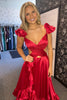 Load image into Gallery viewer, Red A-Line V-Neck Ruffled Long Formal Dress with Slit