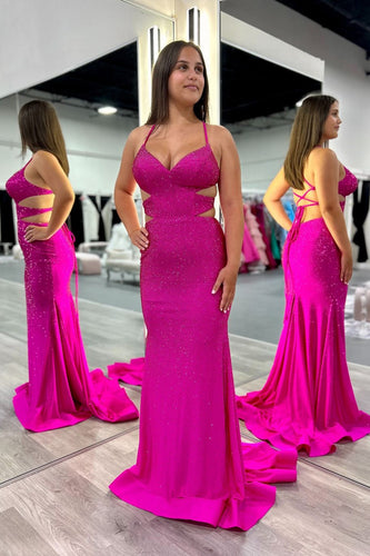 Sparkly Fuchsia Mermaid Beaded Long Formal Dress