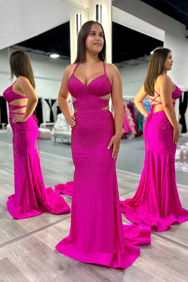 Load image into Gallery viewer, Sparkly Fuchsia Mermaid Beaded Long Formal Dress