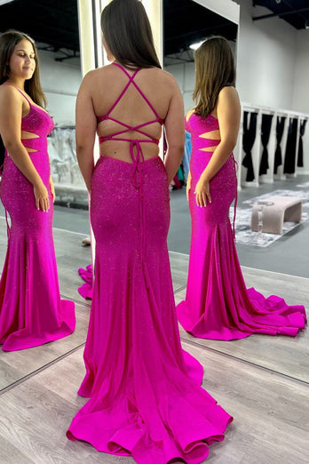 Sparkly Fuchsia Mermaid Beaded Long Formal Dress