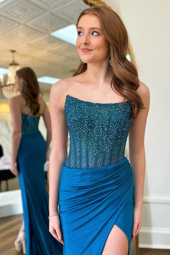 Sparkly Blue Mermaid Corset Beaded Long Formal Dress with Slit