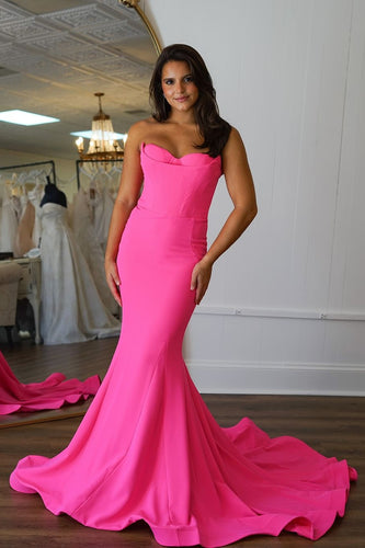 Hot Pink Mermaid Corset Long Satin Formal Dress