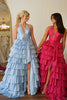 Load image into Gallery viewer, Blue A Line Halter Bowknot Corset Tiered Long Formal Dress with Slit