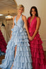 Load image into Gallery viewer, Blue A Line Halter Bownot Corset Tiered Long Formal Dress with Slit