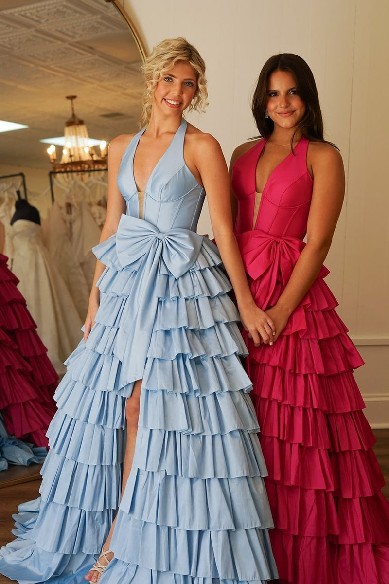 Load image into Gallery viewer, Blue A Line Halter Bowknot Corset Tiered Long Formal Dress with Slit