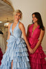 Load image into Gallery viewer, Blue A Line Halter Bowknot Corset Tiered Long Formal Dress with Slit