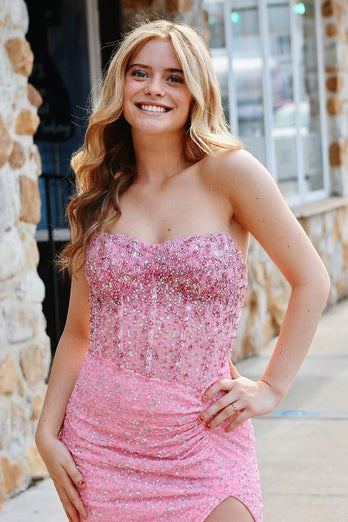 Sparkly Pink Mermaid Corset Long Formal Dress with Beading