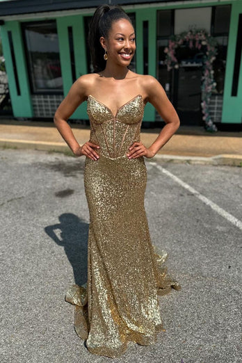 Sparkly Golden Mermaid Corset Long Formal Dress