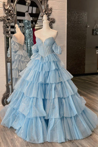 Sparkly Blue Corset Off The Shoulder Tiered Long Formal Dress with Beading