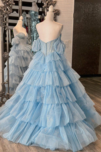 Sparkly Blue Corset Off The Shoulder Tiered Long Formal Dress with Beading