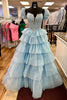 Load image into Gallery viewer, Sparkly Blue Corset Off The Shoulder Tiered Long Formal Dress with Beading