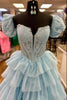 Load image into Gallery viewer, Sparkly Blue Corset Off The Shoulder Tiered Long Formal Dress with Beading