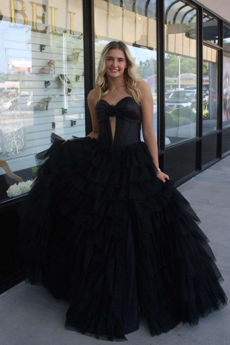 Load image into Gallery viewer, Black Sweetheart Keyhole Tiered Corset Long Formal Dress