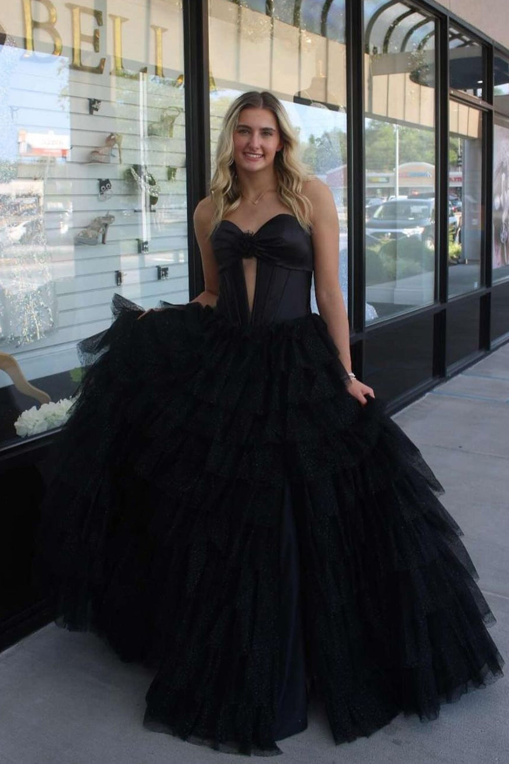 Black Sweetheart Keyhole Tiered Corset Long Formal Dress