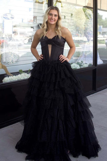 Black Sweetheart Keyhole Tiered Corset Long Formal Dress