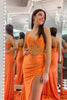 Load image into Gallery viewer, Sparkly Orange Sweetheart Beaded Corset Long Formal Dress with Slit