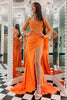 Load image into Gallery viewer, Sparkly Orange Sweetheart Beaded Corset Long Formal Dress with Slit