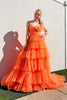 Load image into Gallery viewer, Orange Floral Spaghetti Straps Tiered Long Formal Dress with Ruffles