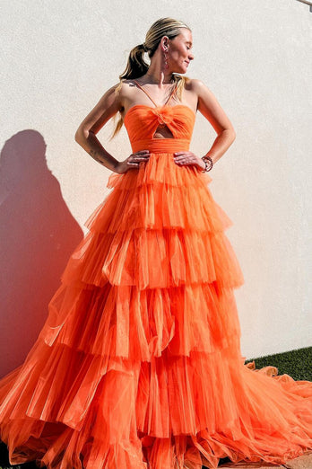 Orange Floral Spaghetti Straps Tiered Long Formal Dress with Ruffles