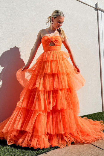 Orange Floral Spaghetti Straps Tiered Long Formal Dress with Ruffles