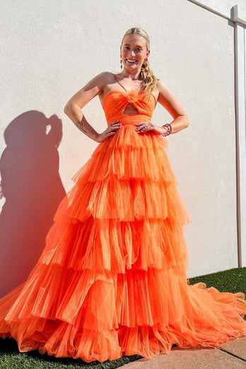 Orange Floral Spaghetti Straps Tiered Long Formal Dress with Ruffles