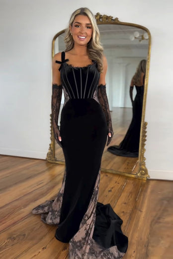 Black Mermaid Corset Long Formal Dress with Lace(Gloves are not included)