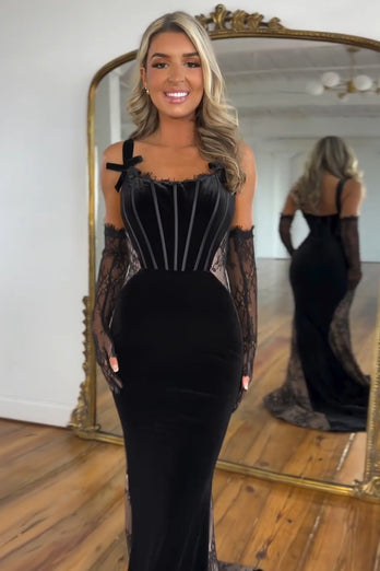 Black Mermaid Corset Long Formal Dress with Lace(Gloves are not included)