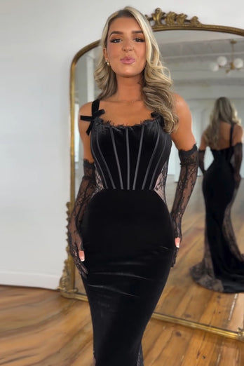 Black Mermaid Corset Long Formal Dress with Lace(Gloves are not included)