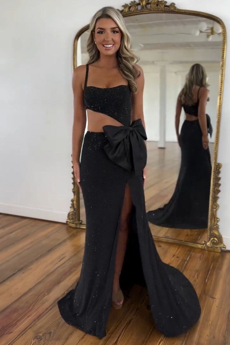 Load image into Gallery viewer, Sparkly Black Beaded Cut Out Bowknot Long Formal Dress with Slit