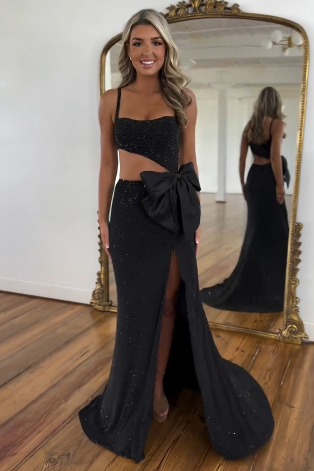 Sparkly Black Beaded Cut Out Bowknot Long Formal Dress with Slit