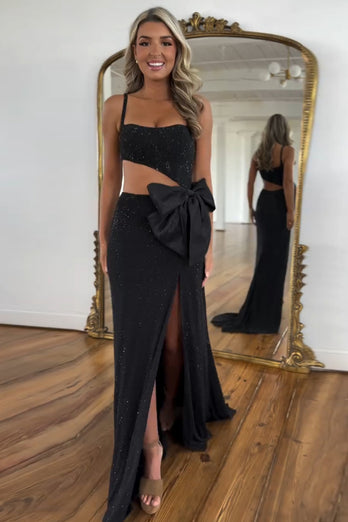 Sparkly Black Beaded Cut Out Bowknot Long Formal Dress with Slit