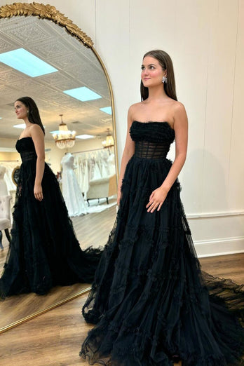 Black A-Line Corset Tulle Long Formal Dress with Ruffles